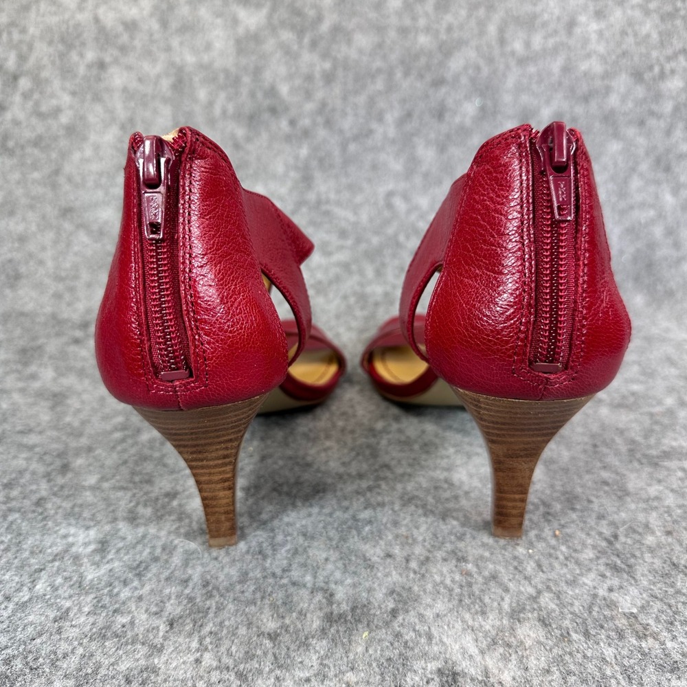 Nine West Womens Red Leather Wedge Sandals Size 8 T Strap Comfort Back Zip - Picture 8 of 14